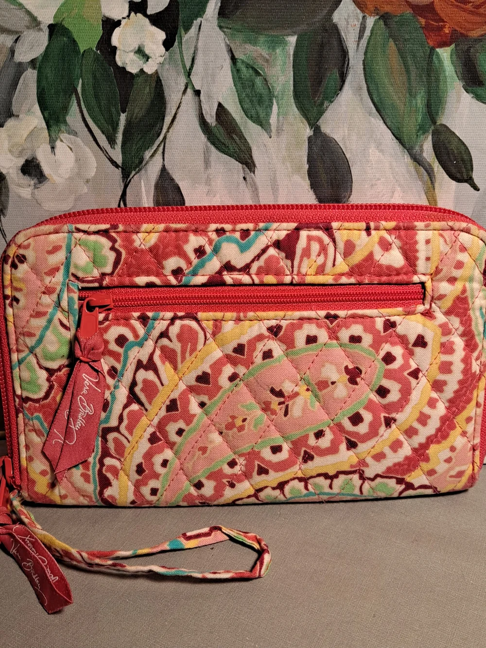 Vera Bradley Capri Melon Coral Pink Floral Quilt Wristlet Bifold Wallet Clutch